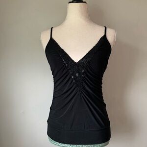 Y2K Black Spaghetti Strap Sequins Trim Deep V-Neck Tank